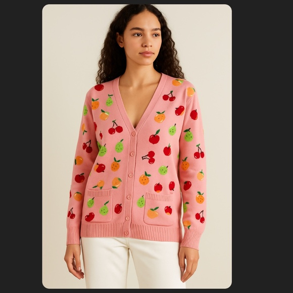 Clammy Heart Fruit Print Knit Cardigan Pink XL - Picture 10 of 10